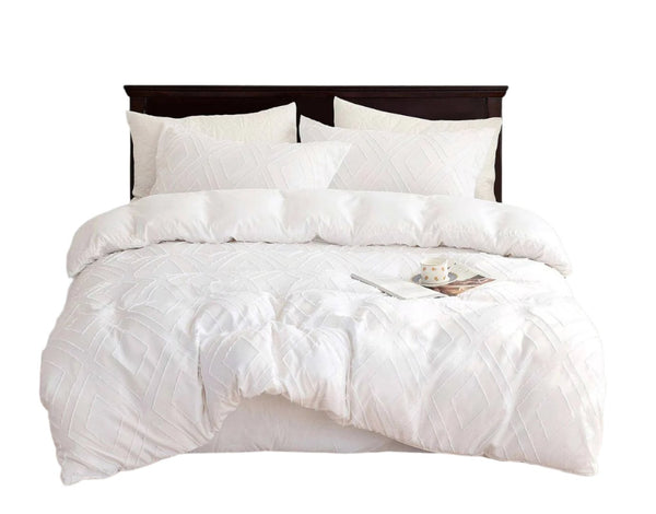 Tufted Diamond Jacquard Queen Size White Duvet Quilt Cover Set