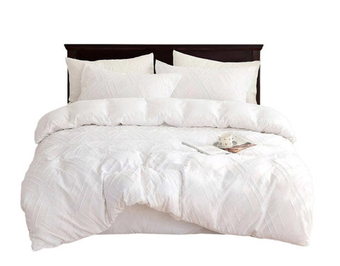 Tufted Diamond Jacquard Queen Size White Duvet Quilt Cover Set