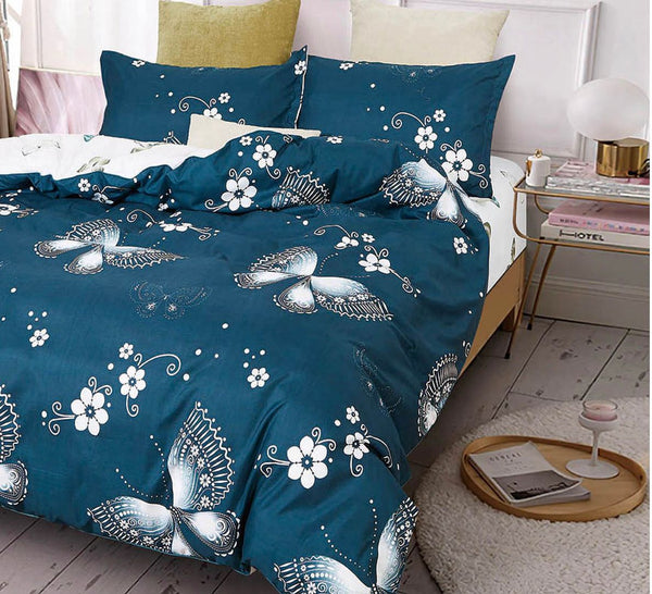 Ditmerr Floral Butterfly Queen Size Quilt Doona Duvet Cover Set Blue