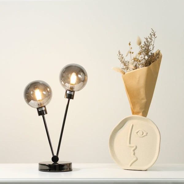 Grette Bedside Coffee Side Table Lamp Light Black Chrome Smoked Glass Spheres