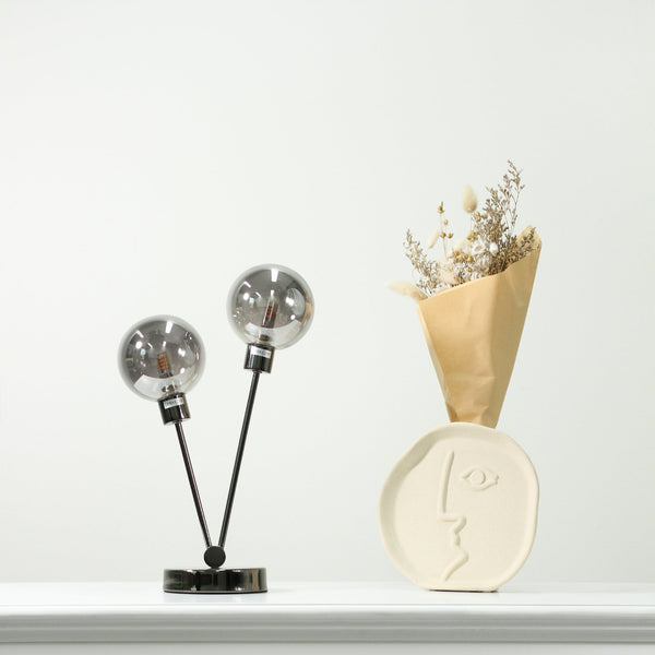 Grette Bedside Coffee Side Table Lamp Light Black Chrome Smoked Glass Spheres
