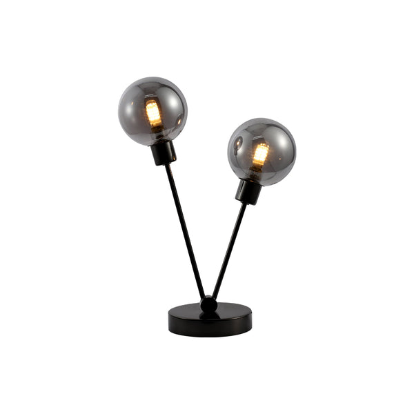 Grette Bedside Coffee Side Table Lamp Light Black Chrome Smoked Glass Spheres