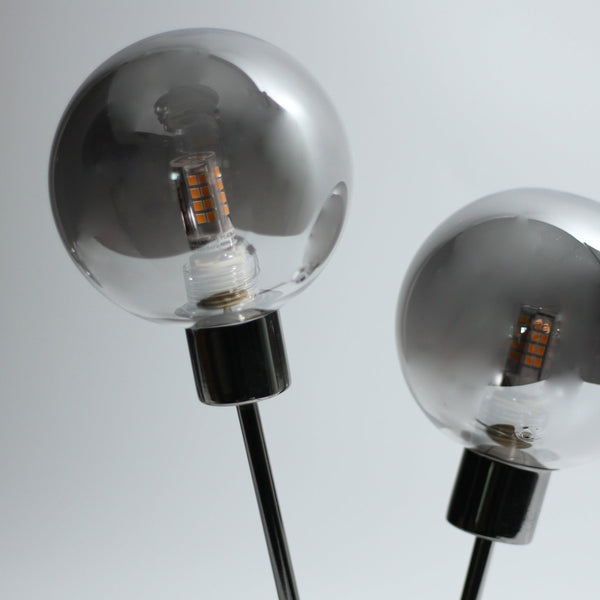 Grette Bedside Coffee Side Table Lamp Light Black Chrome Smoked Glass Spheres