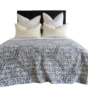 Boho Kantha Reversible Bedspread Throw Blanket Blue