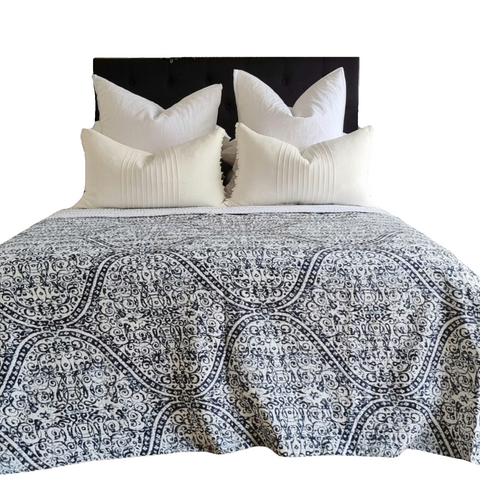 Boho Kantha Reversible Bedspread Throw Blanket Blue