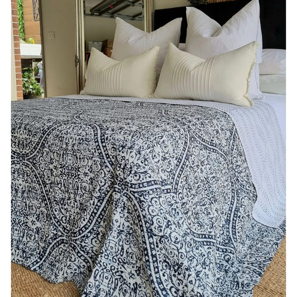 Boho Kantha Reversible Bedspread Throw Blanket Blue