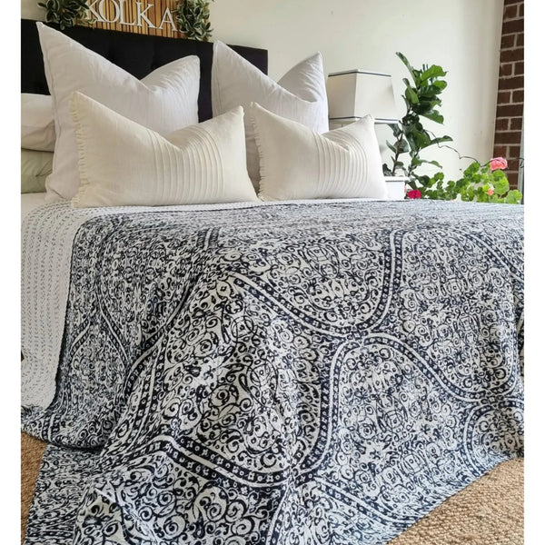 Boho Kantha Reversible Bedspread Throw Blanket Blue