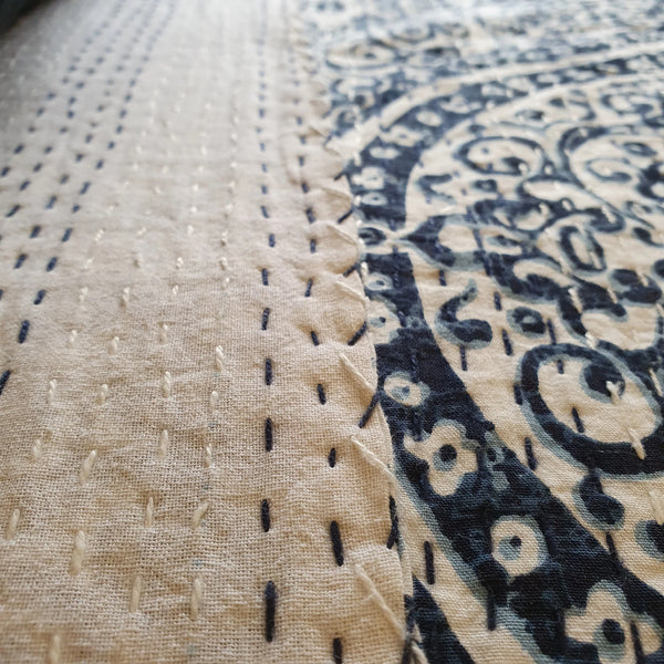 Boho Kantha Reversible Bedspread Throw Blanket Blue