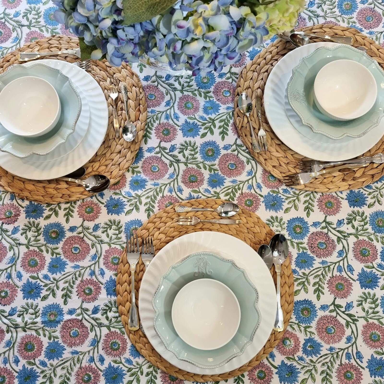 Kolka Kumudani Floral Hand Block Printed Tablecloth Pink