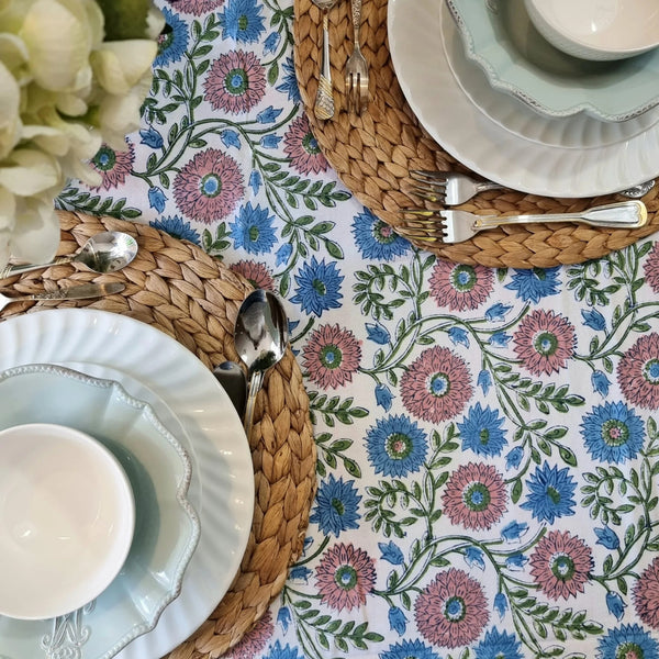 Kolka Kumudani Floral Hand Block Printed Tablecloth Pink